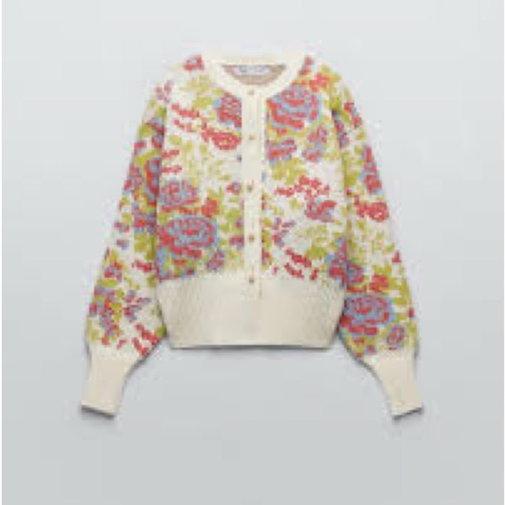 ZARA Sweater L Cardigan Floral Jacquard Pearl Buttons Balloon Sleeve Ivory